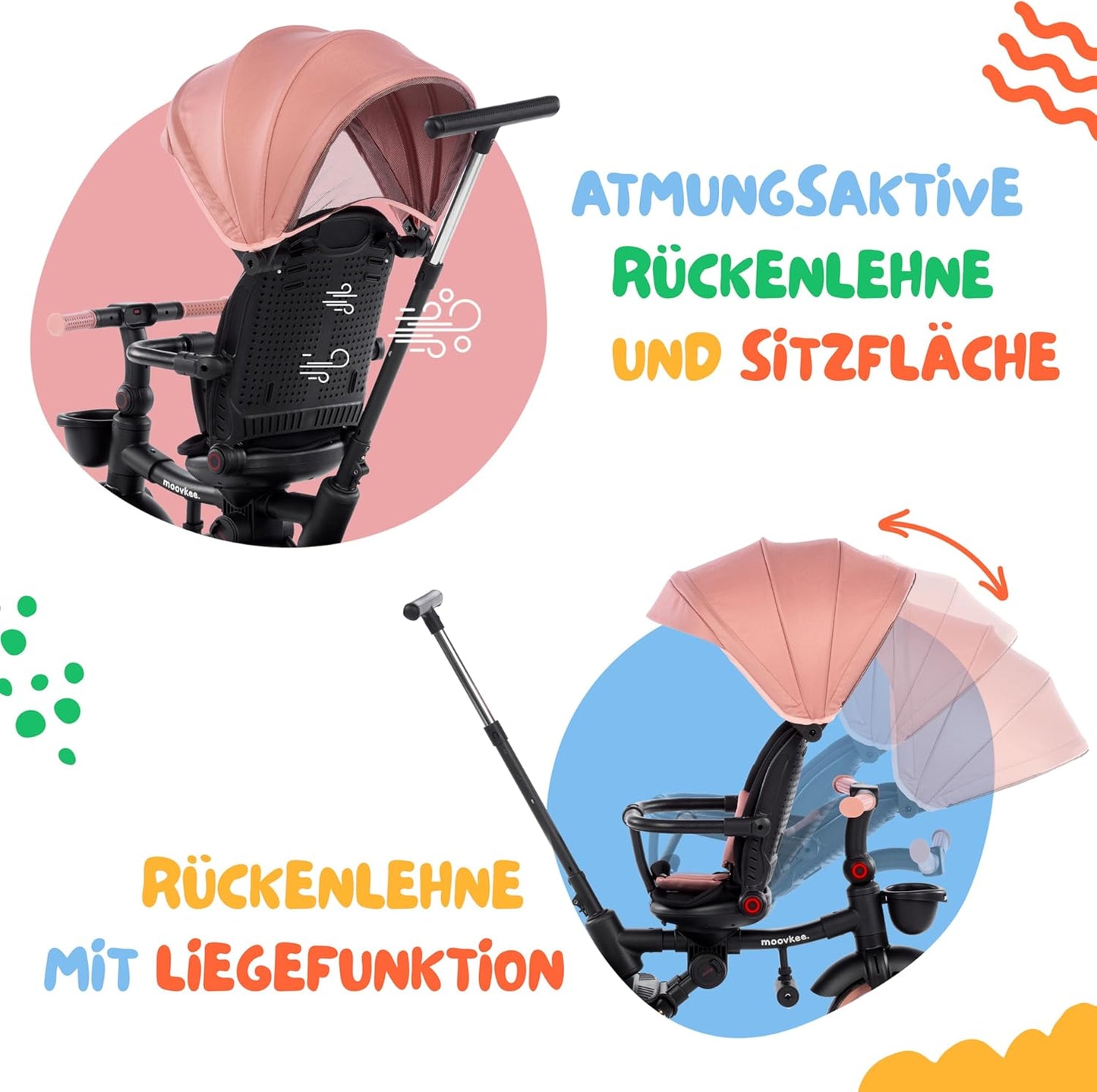 Moovkee 4-in-1 Kinder Dreirad ab 1 Jahr – mit Schubstange, 360° drehbarem Sitz, 3-Punkt-Gurt & Sicherheitsbügel