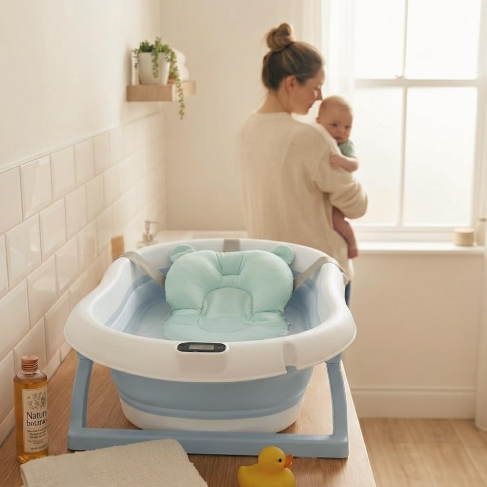 moovkee. Baby Badewanne 84,5cm Höhe - LCD-Thermometer - mit Komfort Badewannenkissen um das Baby zu Unterstützen - bis zu 30 kg