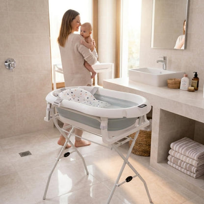 moovkee. Baby Badewanne mit Ständer 84,5cm Höhe - LCD-Thermometer - mit Komfort Badewannenkissen um das Baby zu Unterstützen - bis zu 30 kg
