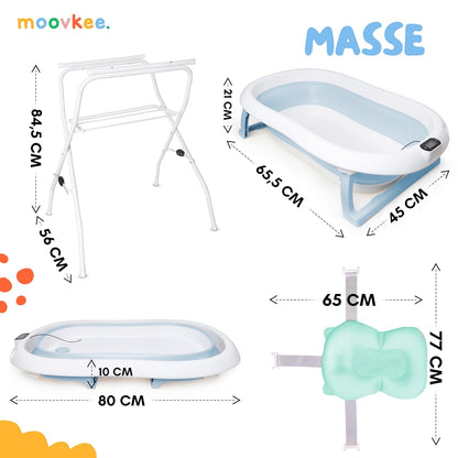 moovkee. Baby Badewanne mit Ständer 84,5cm Höhe - LCD-Thermometer - mit Komfort Badewannenkissen um das Baby zu Unterstützen - bis zu 30 kg