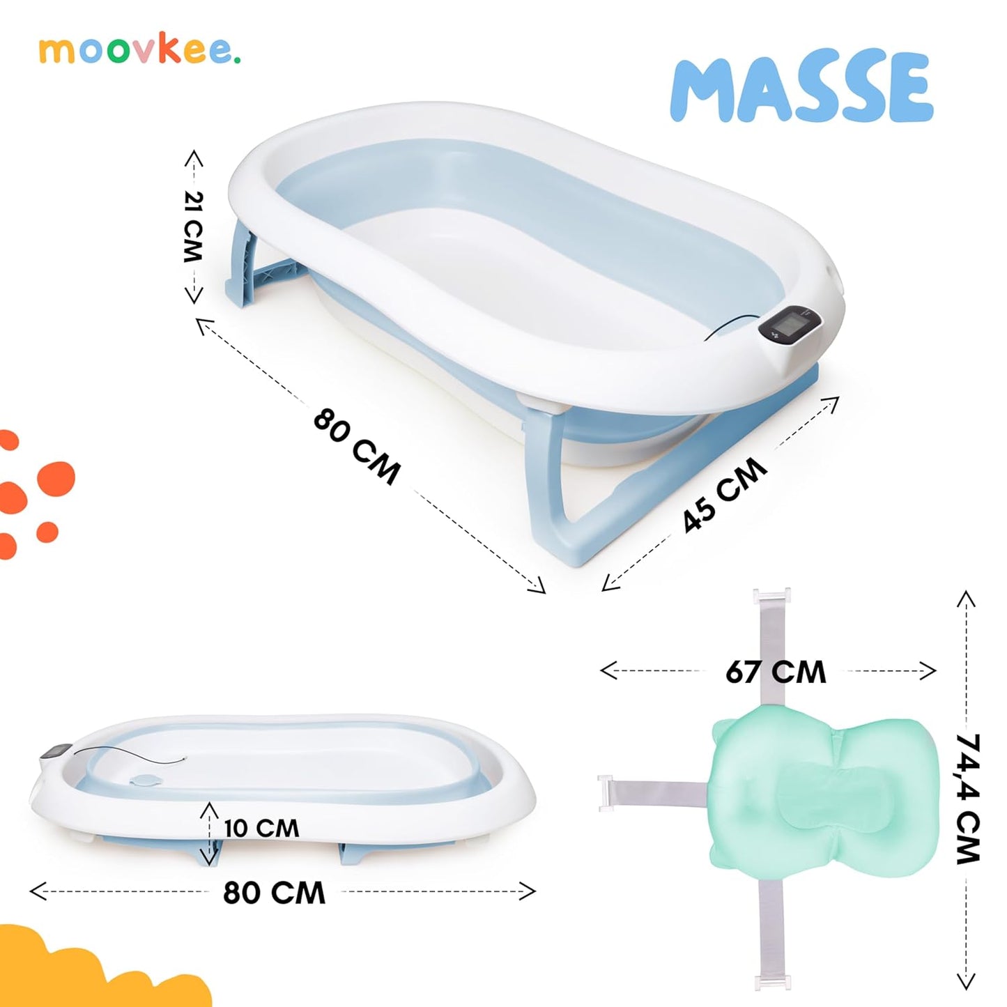 moovkee. Baby Badewanne 84,5cm Höhe - LCD-Thermometer - mit Komfort Badewannenkissen um das Baby zu Unterstützen - bis zu 30 kg