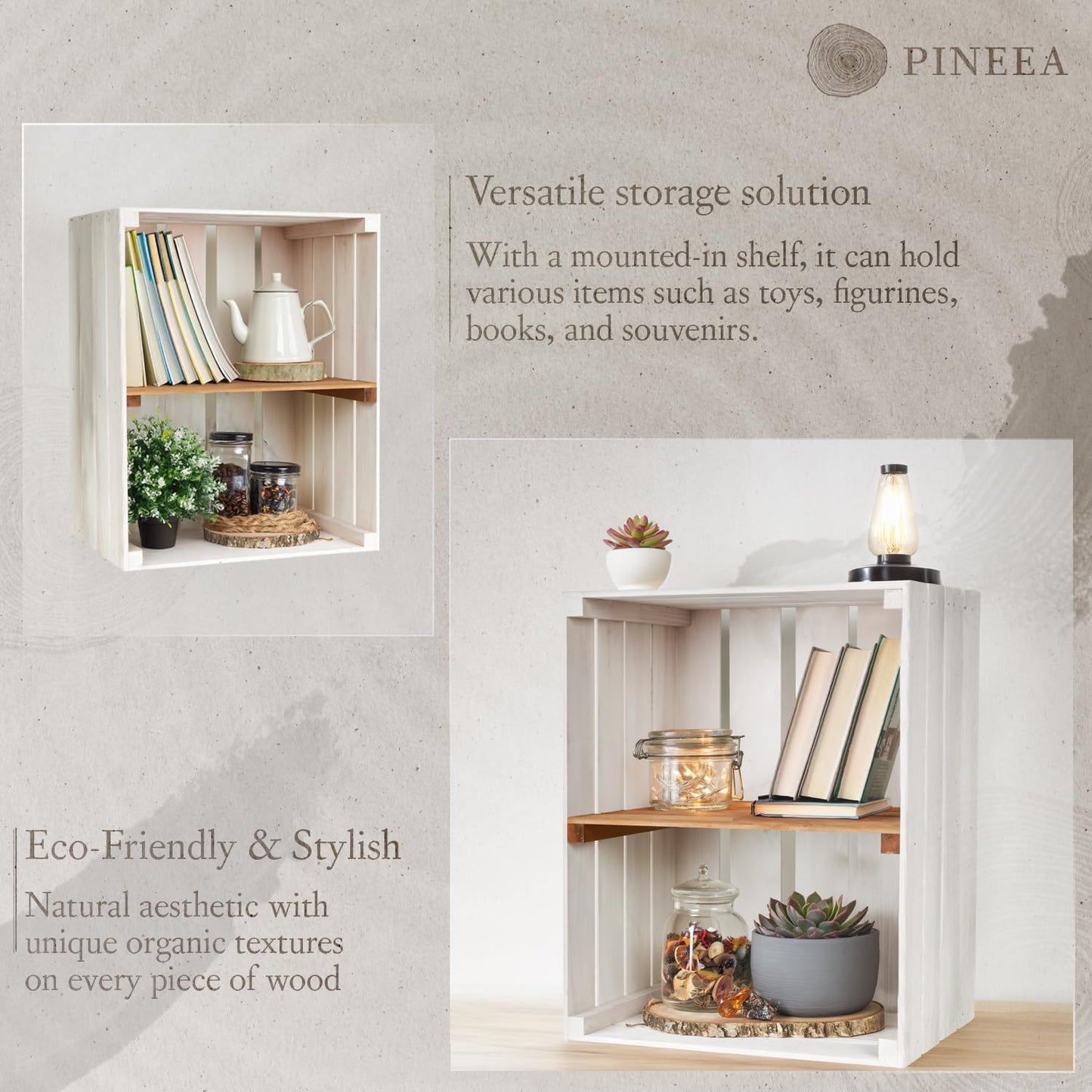 PINEEA Große Holzkiste Regal - Weiße Vintage Obst- und Weinkiste 50x40x30 - Deko Holzbox