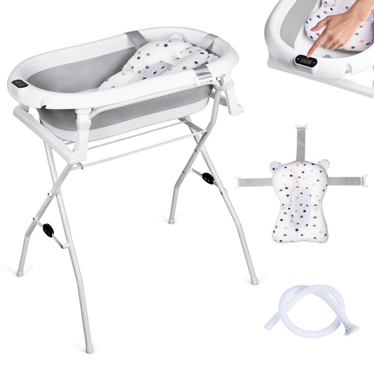 moovkee. Baby Badewanne mit Ständer 84,5cm Höhe - LCD-Thermometer - mit Komfort Badewannenkissen um das Baby zu Unterstützen - bis zu 30 kg