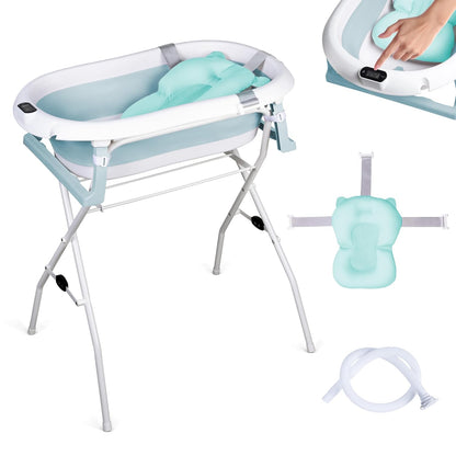 moovkee. Baby Badewanne mit Ständer 84,5cm Höhe - LCD-Thermometer - mit Komfort Badewannenkissen um das Baby zu Unterstützen - bis zu 30 kg