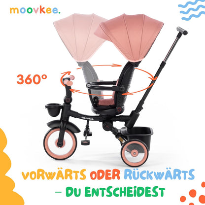 Moovkee 4-in-1 Kinder Dreirad ab 1 Jahr – mit Schubstange, 360° drehbarem Sitz, 3-Punkt-Gurt & Sicherheitsbügel