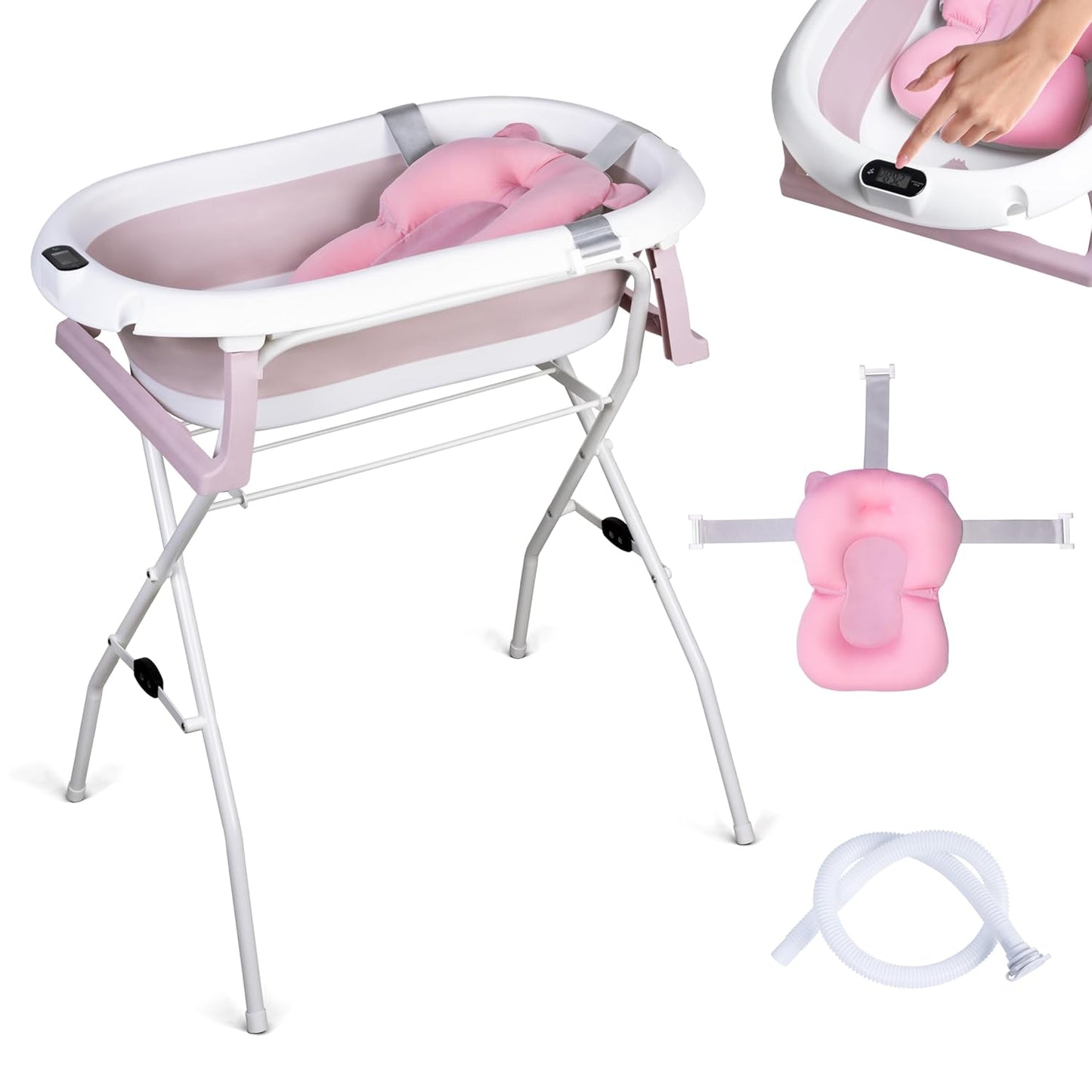 moovkee. Baby Badewanne mit Ständer 84,5cm Höhe - LCD-Thermometer - mit Komfort Badewannenkissen um das Baby zu Unterstützen - bis zu 30 kg