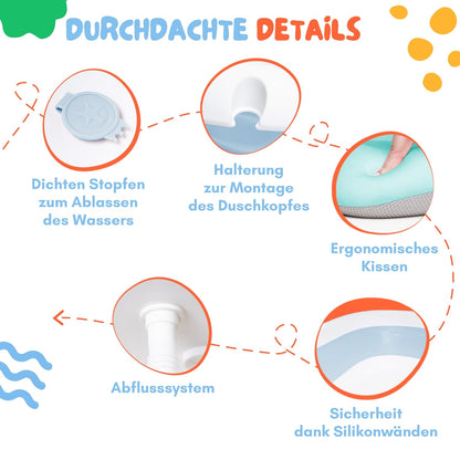 moovkee. Baby Badewanne mit Ständer 84,5cm Höhe - LCD-Thermometer - mit Komfort Badewannenkissen um das Baby zu Unterstützen - bis zu 30 kg