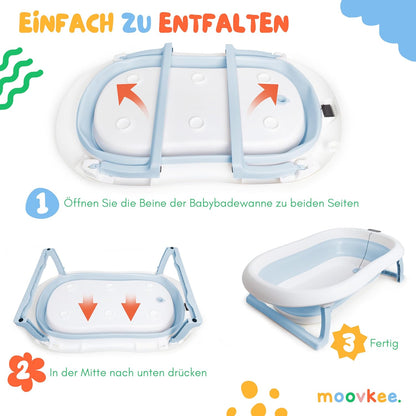 moovkee. Baby Badewanne mit Ständer 84,5cm Höhe - LCD-Thermometer - mit Komfort Badewannenkissen um das Baby zu Unterstützen - bis zu 30 kg