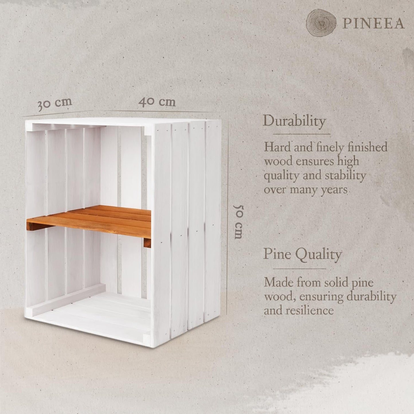 PINEEA Große Holzkiste Regal - Weiße Vintage Obst- und Weinkiste 50x40x30 - Deko Holzbox