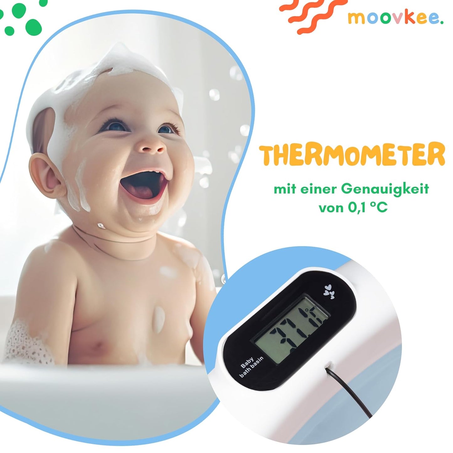 moovkee. Baby Badewanne mit Ständer 84,5cm Höhe - LCD-Thermometer - mit Komfort Badewannenkissen um das Baby zu Unterstützen - bis zu 30 kg