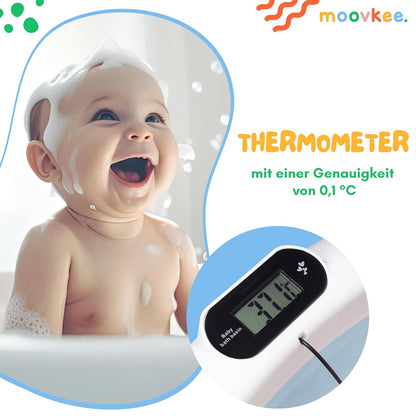 moovkee. Baby Badewanne mit Ständer 84,5cm Höhe - LCD-Thermometer - mit Komfort Badewannenkissen um das Baby zu Unterstützen - bis zu 30 kg