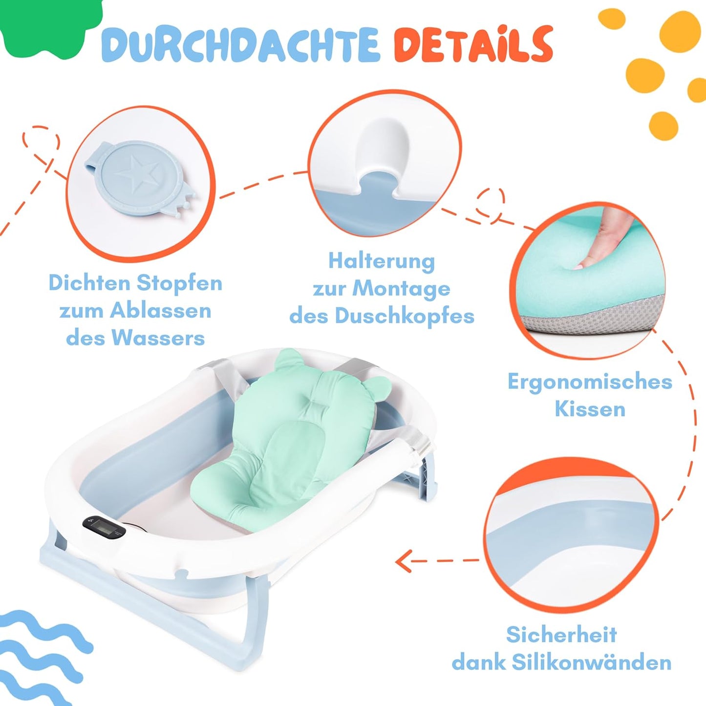 moovkee. Baby Badewanne 84,5cm Höhe - LCD-Thermometer - mit Komfort Badewannenkissen um das Baby zu Unterstützen - bis zu 30 kg