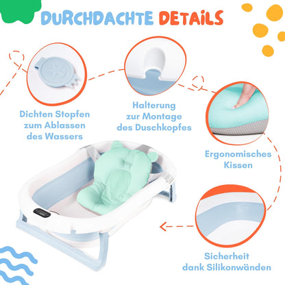 moovkee. Baby Badewanne 84,5cm Höhe - LCD-Thermometer - mit Komfort Badewannenkissen um das Baby zu Unterstützen - bis zu 30 kg