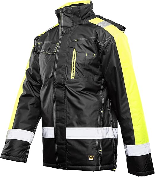 Winter Arbeitsjacke Herren wasserdicht & warm gefüttert – reflektierende Warnschutzjacke mit Kapuze für Baustelle, Lager & Arbeit
