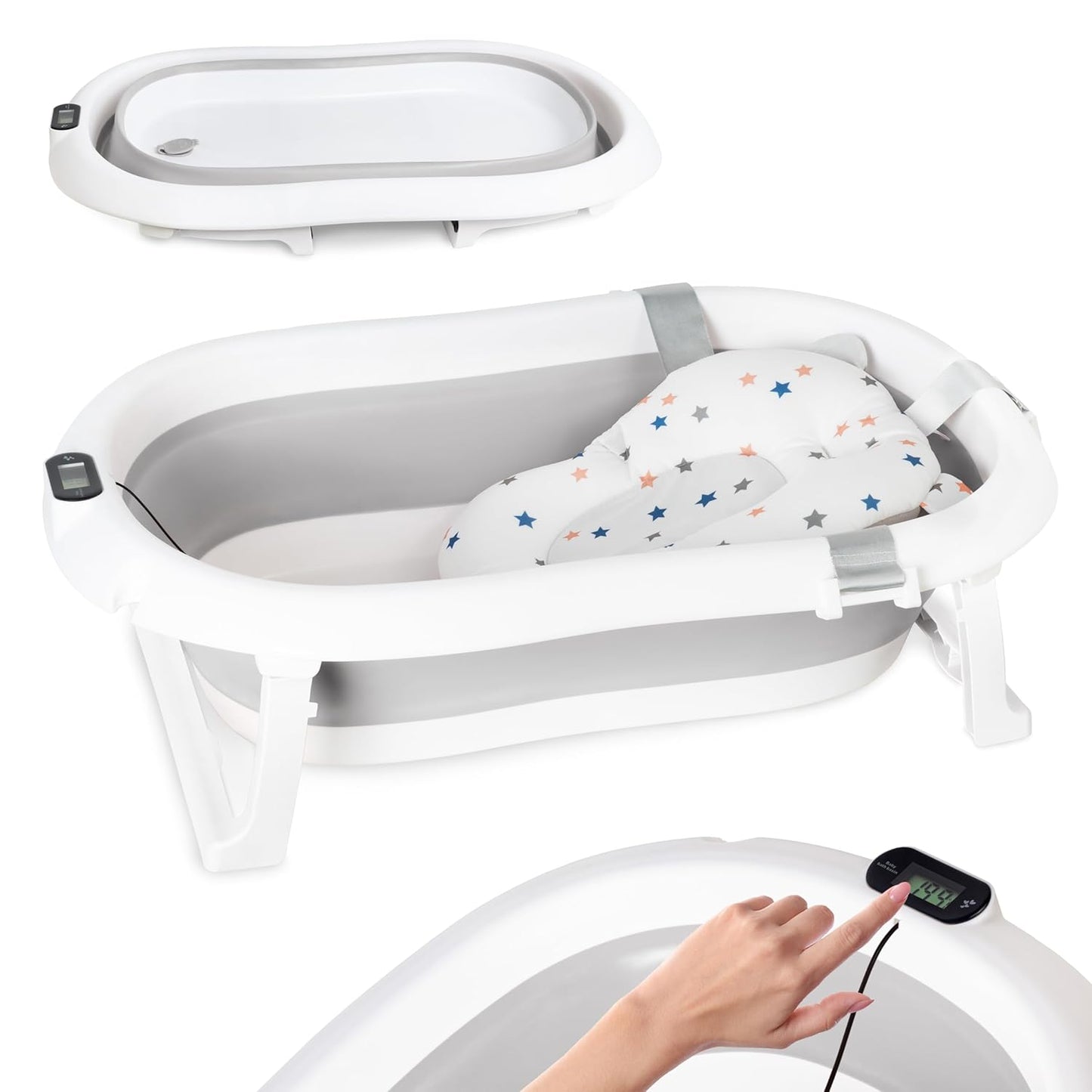moovkee. Baby Badewanne 84,5cm Höhe - LCD-Thermometer - mit Komfort Badewannenkissen um das Baby zu Unterstützen - bis zu 30 kg