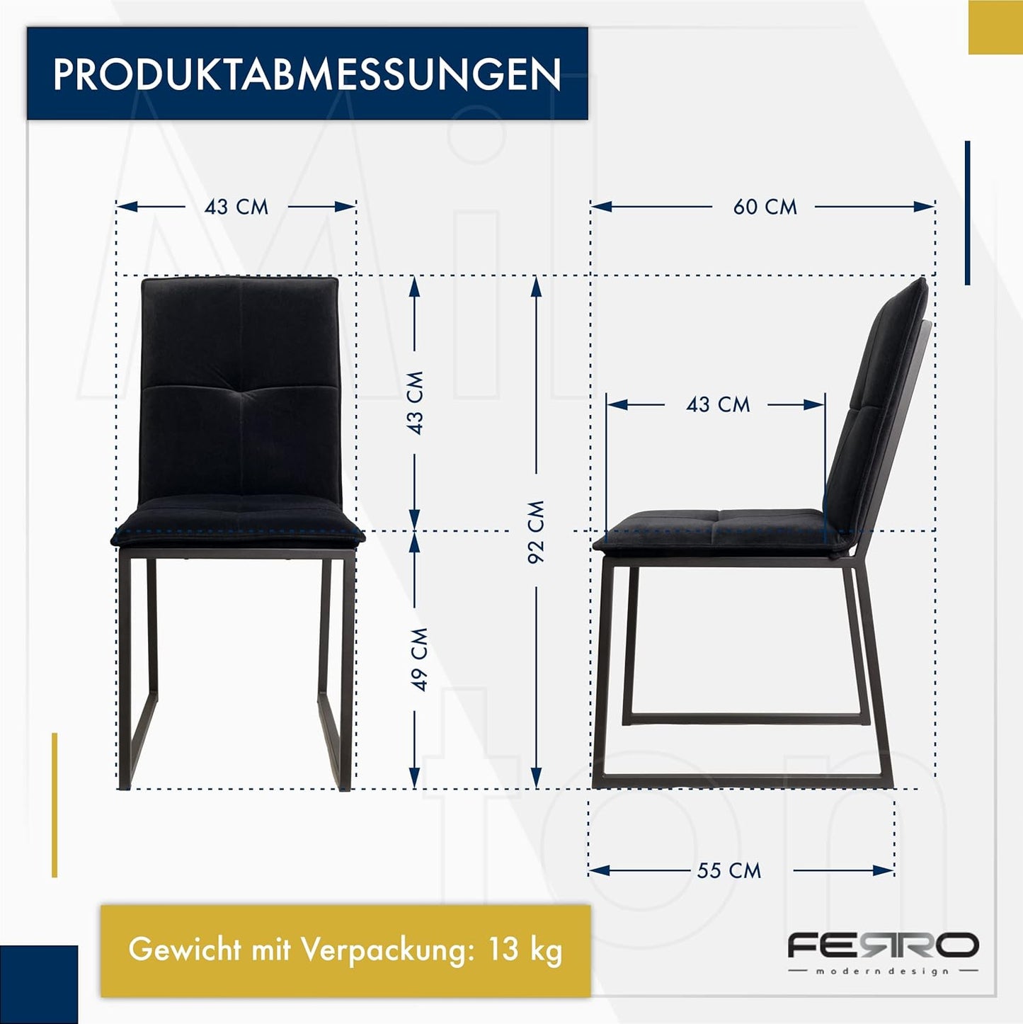 Ferro Esszimmerstuhl „Milton“ – Stahlstuhl mit wasserabweisendem Bezug – pflegeleichter Küchenstuhl mit hydrophober Beschichtung