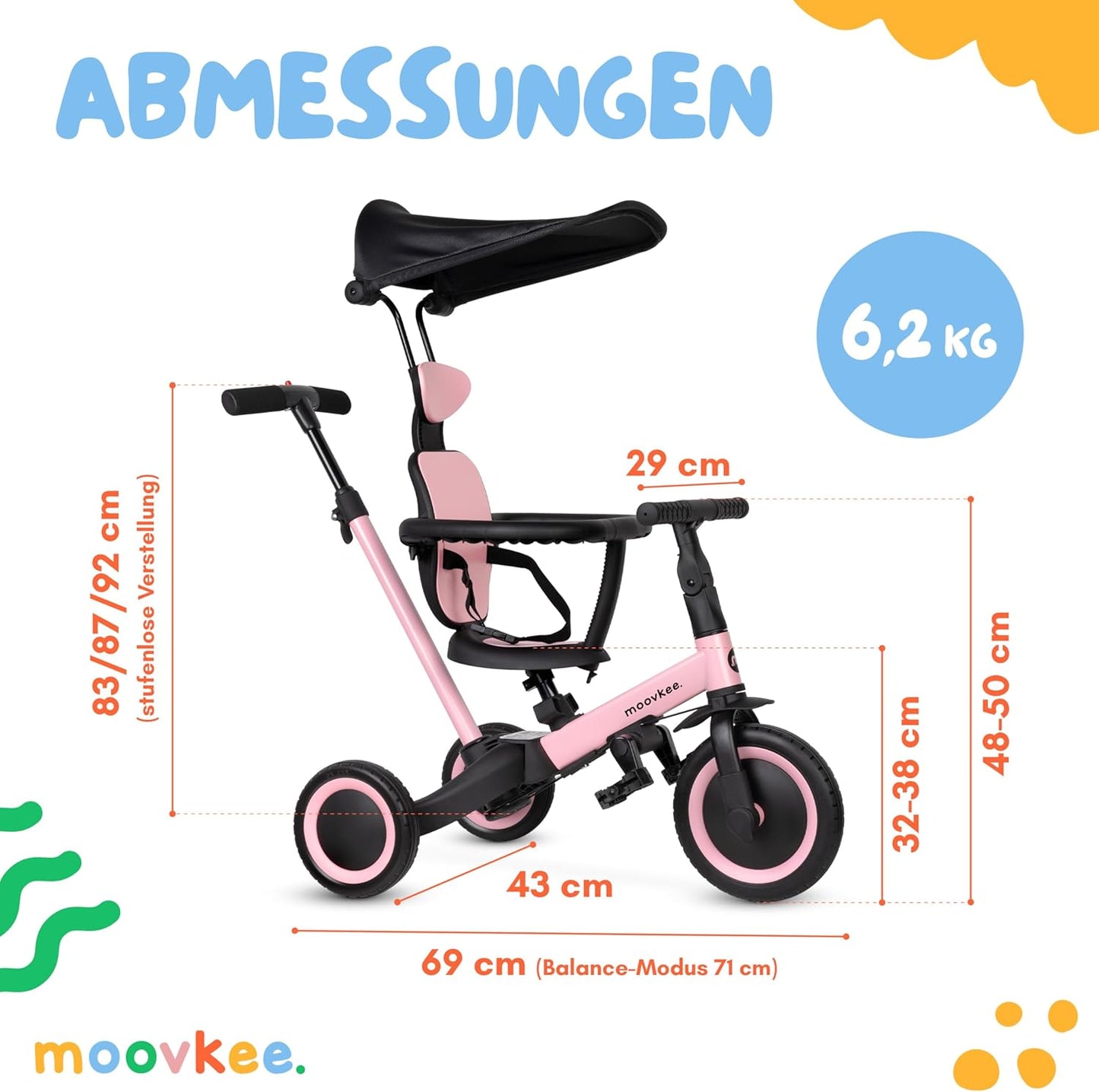 moovkee. 6-in-1 Kinderdreirad mit Schubstange & Sonnendach – Dreirad ab 1 Jahr bis 5 Jahre