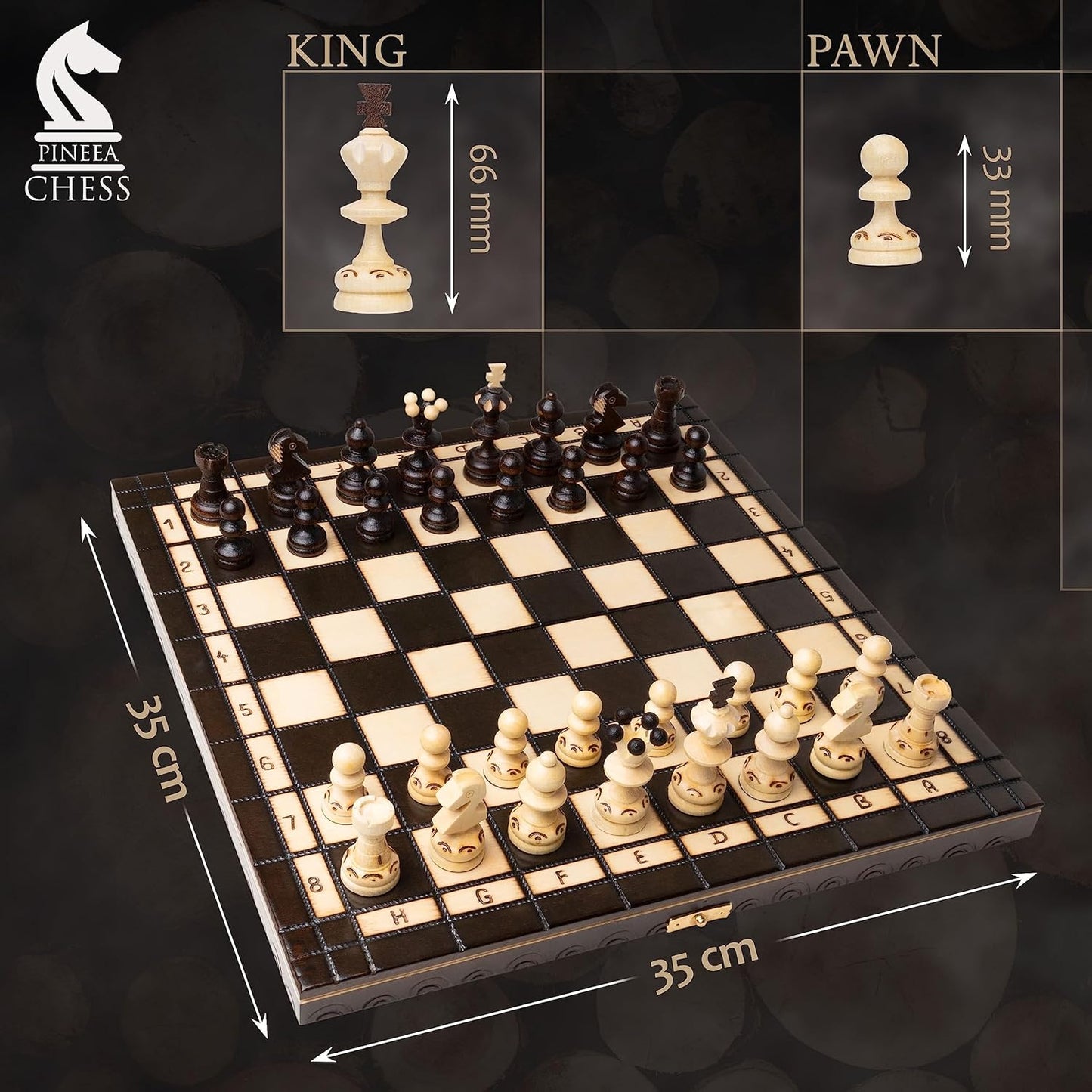 PINEEA Schachbrett Holz - Handgemachtes Schach Brett - Klappbares Chess Board Set