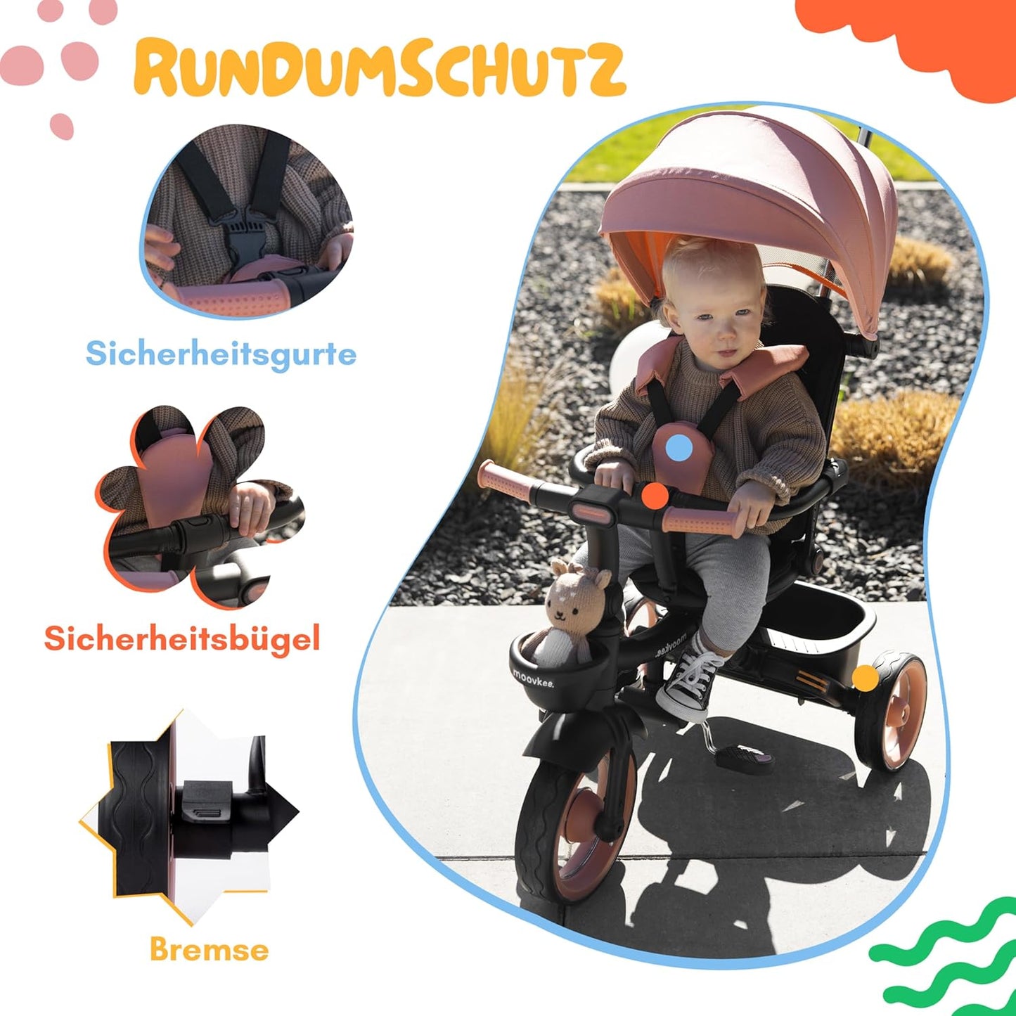 Moovkee 4-in-1 Kinder Dreirad ab 1 Jahr – mit Schubstange, 360° drehbarem Sitz, 3-Punkt-Gurt & Sicherheitsbügel