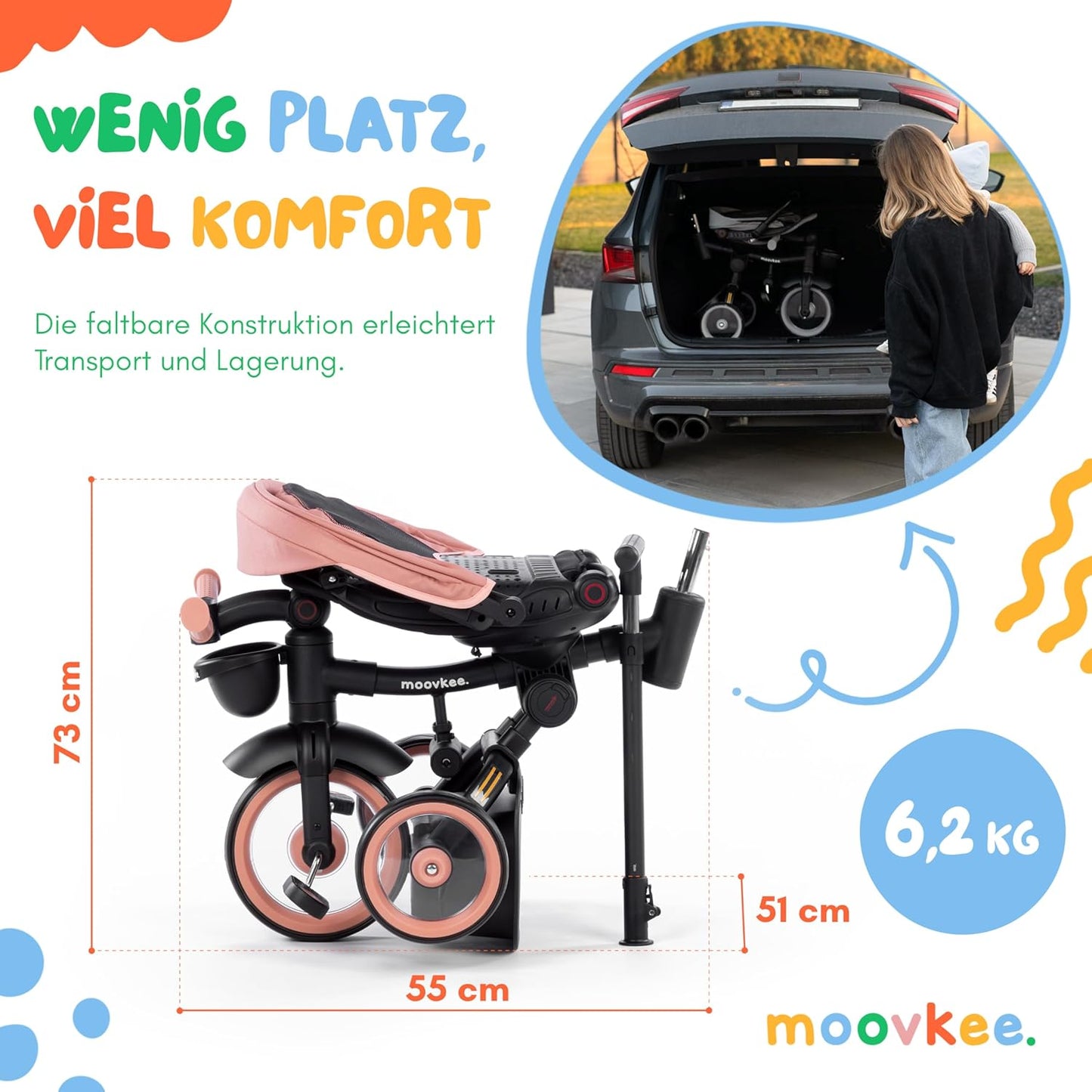 Moovkee 4-in-1 Kinder Dreirad ab 1 Jahr – mit Schubstange, 360° drehbarem Sitz, 3-Punkt-Gurt & Sicherheitsbügel