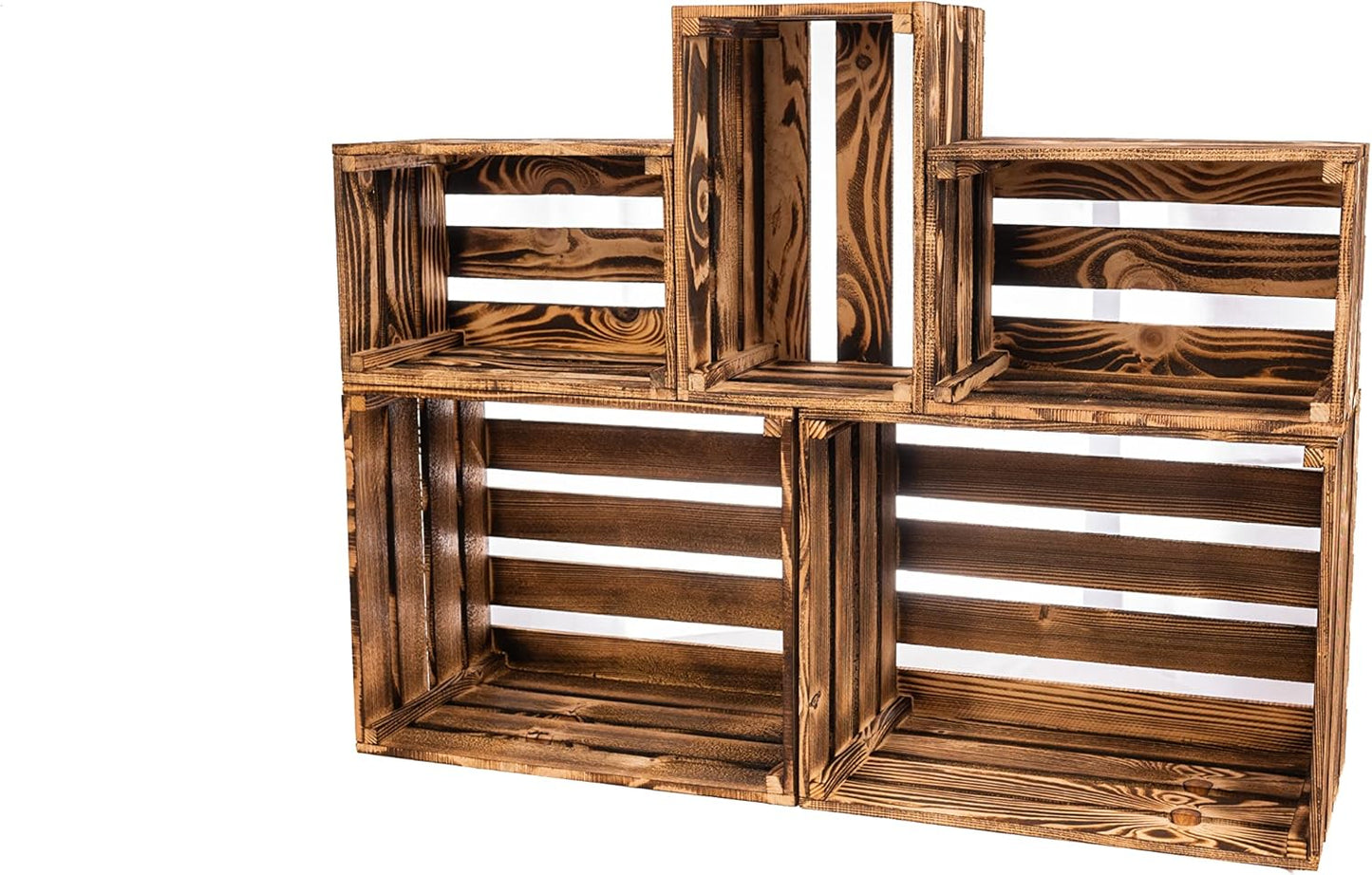 PINEEA Vintage Holzkisten Set - Große Weinkisten 2x (50x40x30) & 3x (30x20x15) - Natur Holzbox für Deko, Obst und Wein