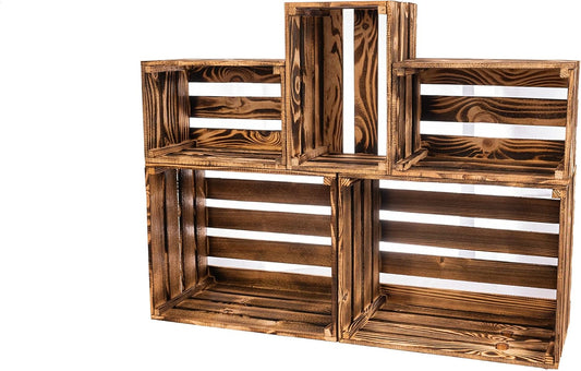 PINEEA Vintage Holzkisten Set - Große Weinkisten 2x (50x40x30) & 3x (30x20x15) - Natur Holzbox für Deko, Obst und Wein