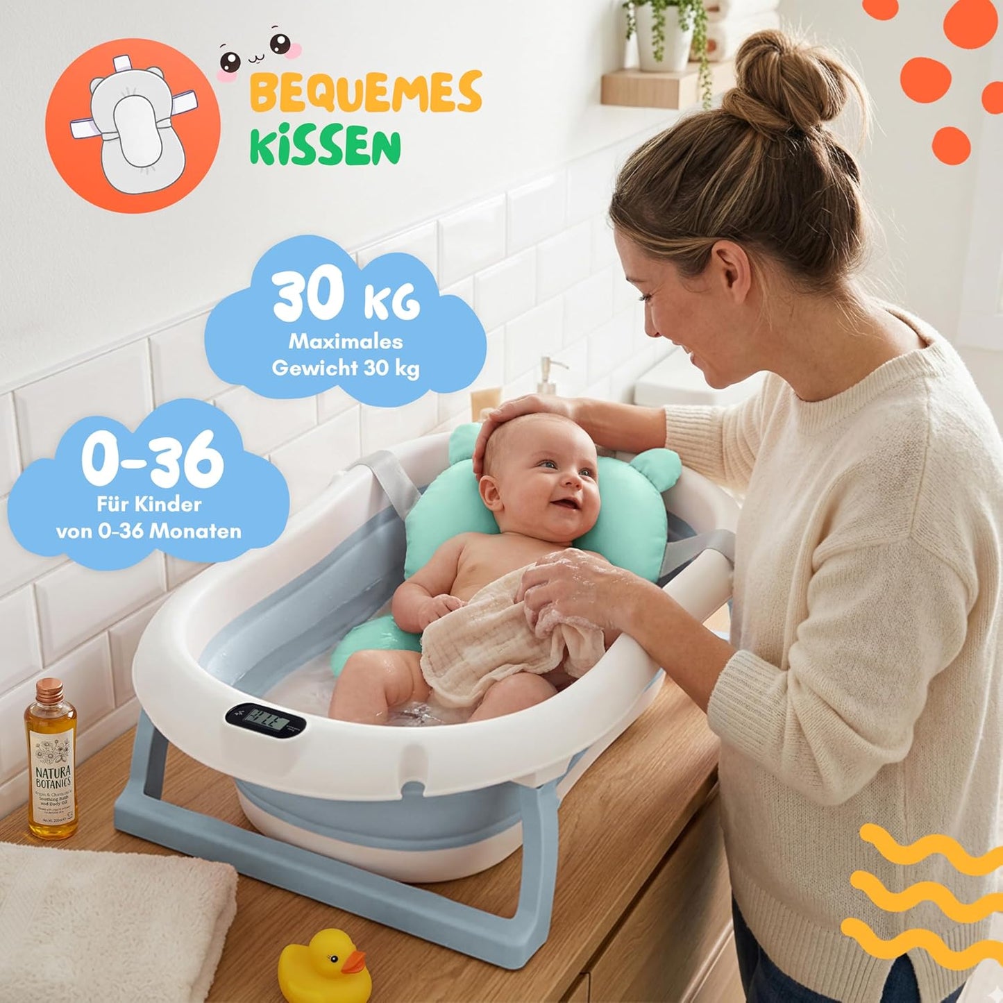 moovkee. Baby Badewanne 84,5cm Höhe - LCD-Thermometer - mit Komfort Badewannenkissen um das Baby zu Unterstützen - bis zu 30 kg