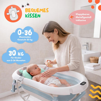 moovkee. Baby Badewanne mit Ständer 84,5cm Höhe - LCD-Thermometer - mit Komfort Badewannenkissen um das Baby zu Unterstützen - bis zu 30 kg