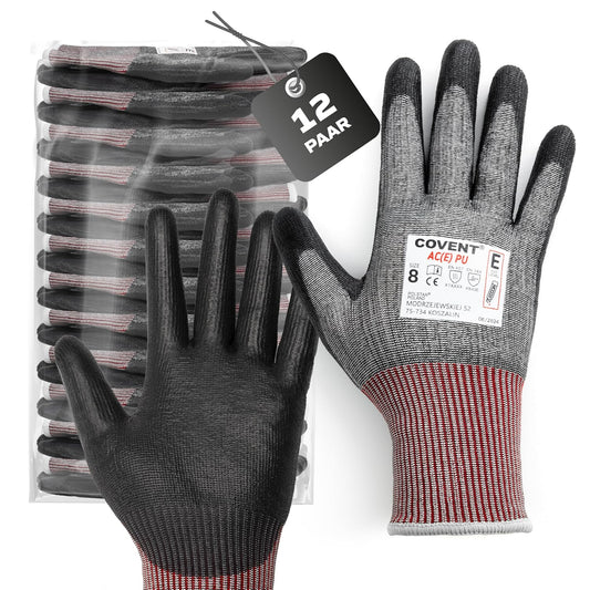 Covent Arbeitshandschuhe Herren im 12er Set – PU-Montagehandschuhe EN388 4X43E – Kategorie II – Robuste Schutzhandschuhe für Bau, Metallbau & Industrie