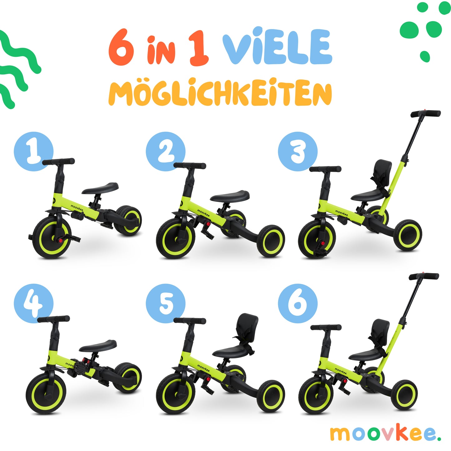 moovkee. Laufrad Kinder 6in1 - Dreirad mit Stange ab 1 Jahr