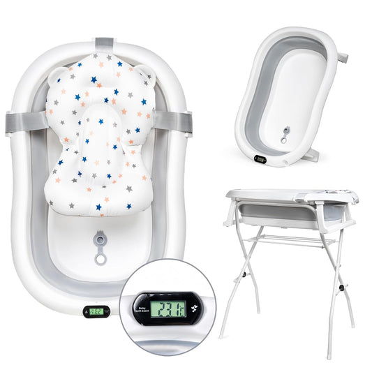 moovkee. Baby Badewanne mit Ständer 84,5cm Höhe - LCD-Thermometer - mit Komfort Badewannenkissen um das Baby zu Unterstützen - bis zu 30 kg